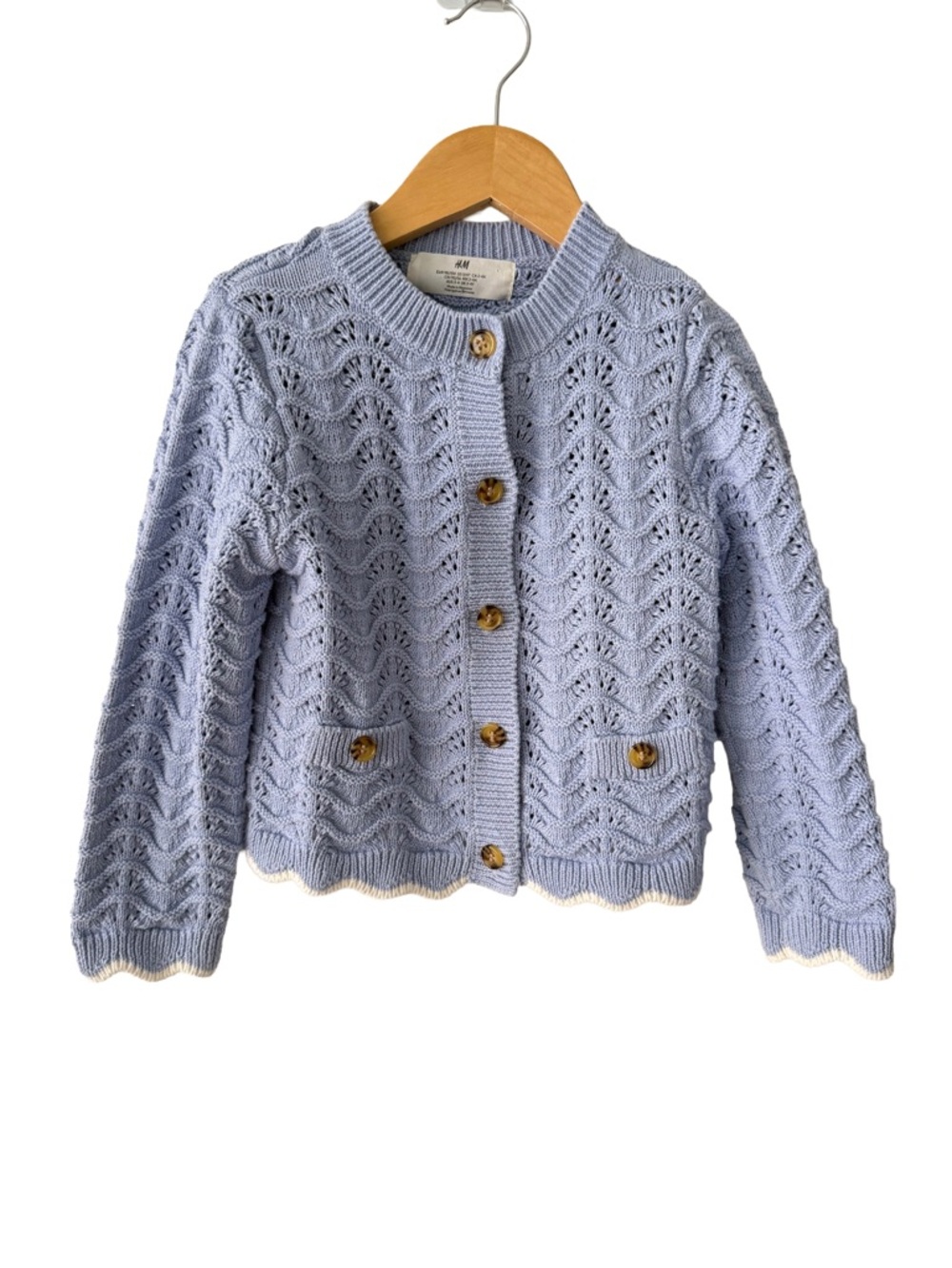 H&M Pointelle Knit Cardigan Pastel Blue Scalloped Edges  3/4 Years